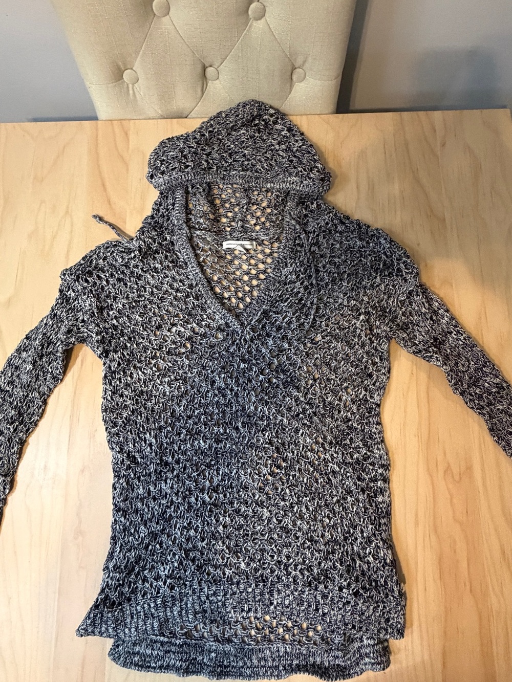 American Eagle Outfitters V-Neck Hooded Open-Knit Sweater - Gray
